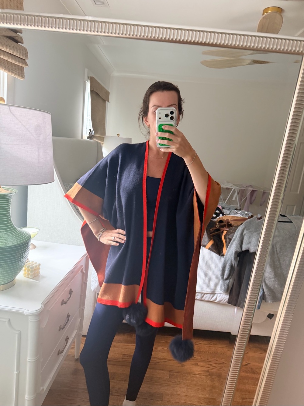 Navy Knit Poncho with Rust and Tan Trim and Fur PomPoms